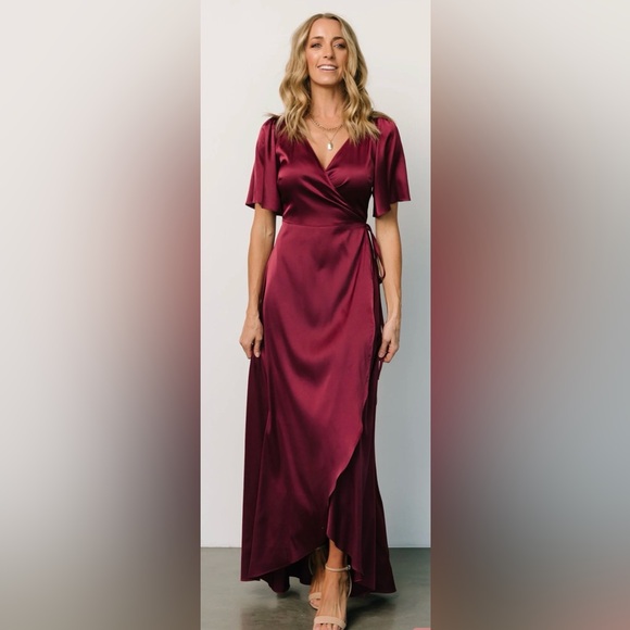 Balticborn burgundy Satin Wrap Maxi Dress for prom or wedding - Picture 2 of 4